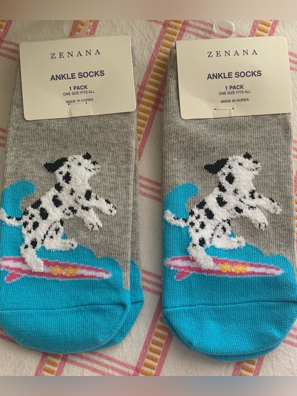 ZENANA Dalmatian Beach Fun Ankle Socks-Gray,Pink,Turquoise,Yellow-(2-Pair)- NWT